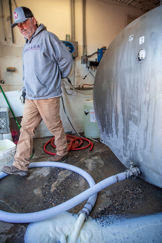 PHOTO: Owner Richard Azevedo steps over the hose of a milk bulk tank as the milk is dumped down the drain, April 8, 2020, at the Azevedo Family Dairy in Buhl, Idaho.