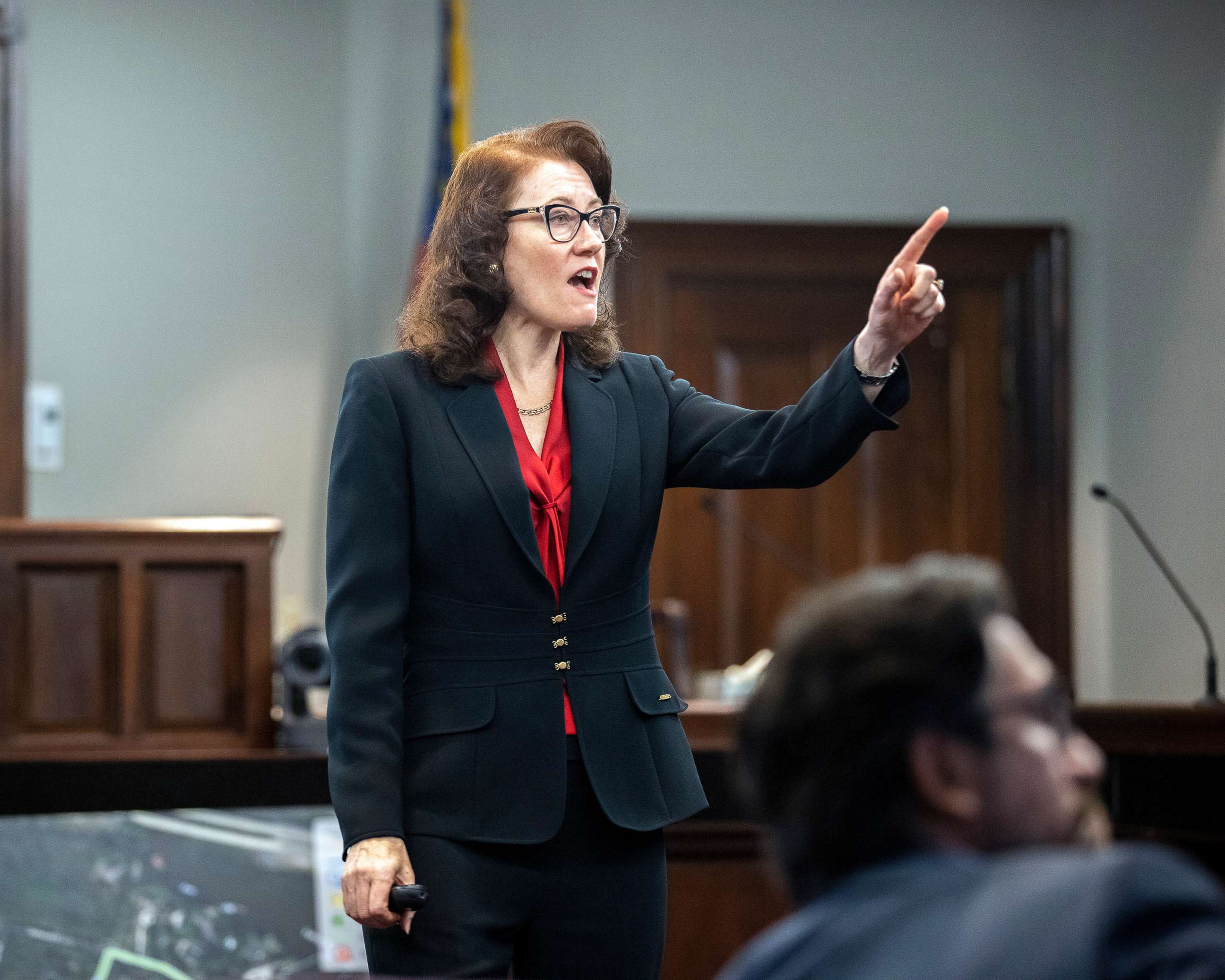 PHOTO: Prosecutor Linda Dunikoski presents a closing argument to the jury during the trial of Travis McMichael, his father, Gregory McMichael, and William "Roddie" Bryan, at the Glynn County Courthouse, Nov. 22, 2021, in Brunswick, Ga.