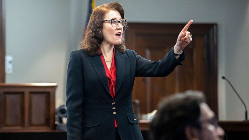 PHOTO: Prosecutor Linda Dunikoski presents a closing argument to the jury during the trial of Travis McMichael, his father, Gregory McMichael, and William "Roddie" Bryan, at the Glynn County Courthouse, Nov. 22, 2021, in Brunswick, Ga.