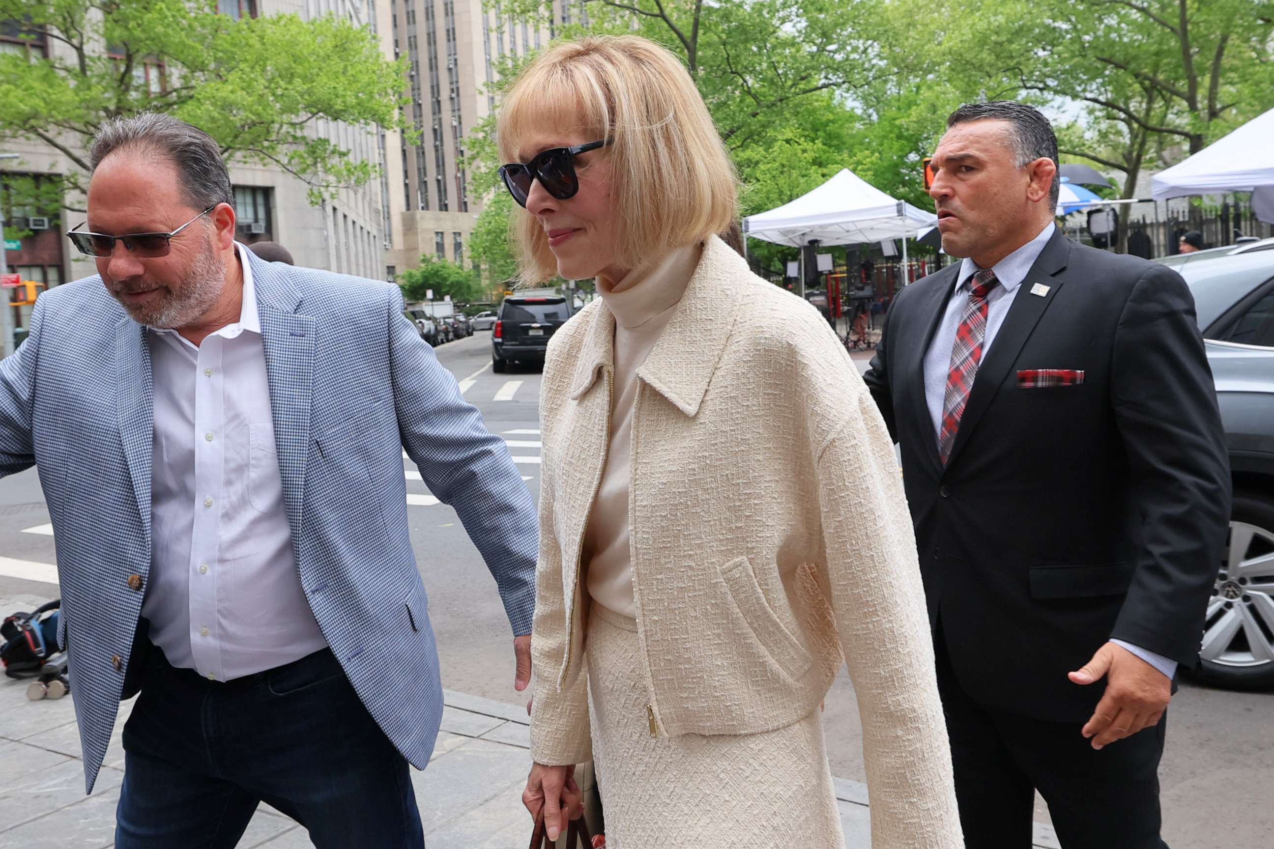 PHOTO: E. Jean Carroll arrives for the third day of her civil trial against former President Donald Trump at Manhattan Federal Court on April 27, 2023 in New York City.