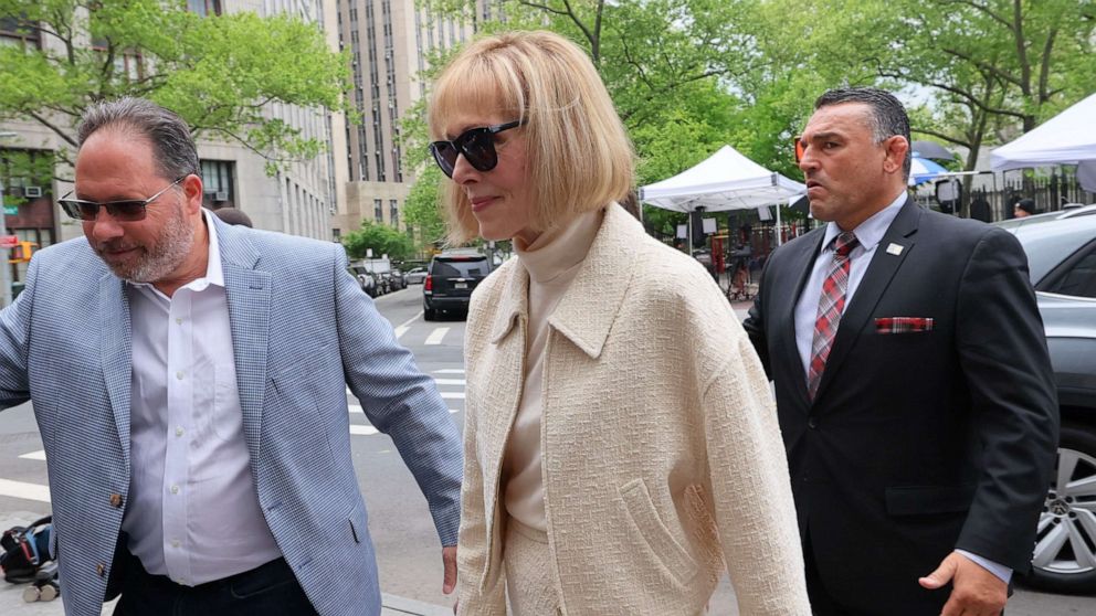 PHOTO: E. Jean Carroll arrives for the third day of her civil trial against former President Donald Trump at Manhattan Federal Court on April 27, 2023 in New York City.