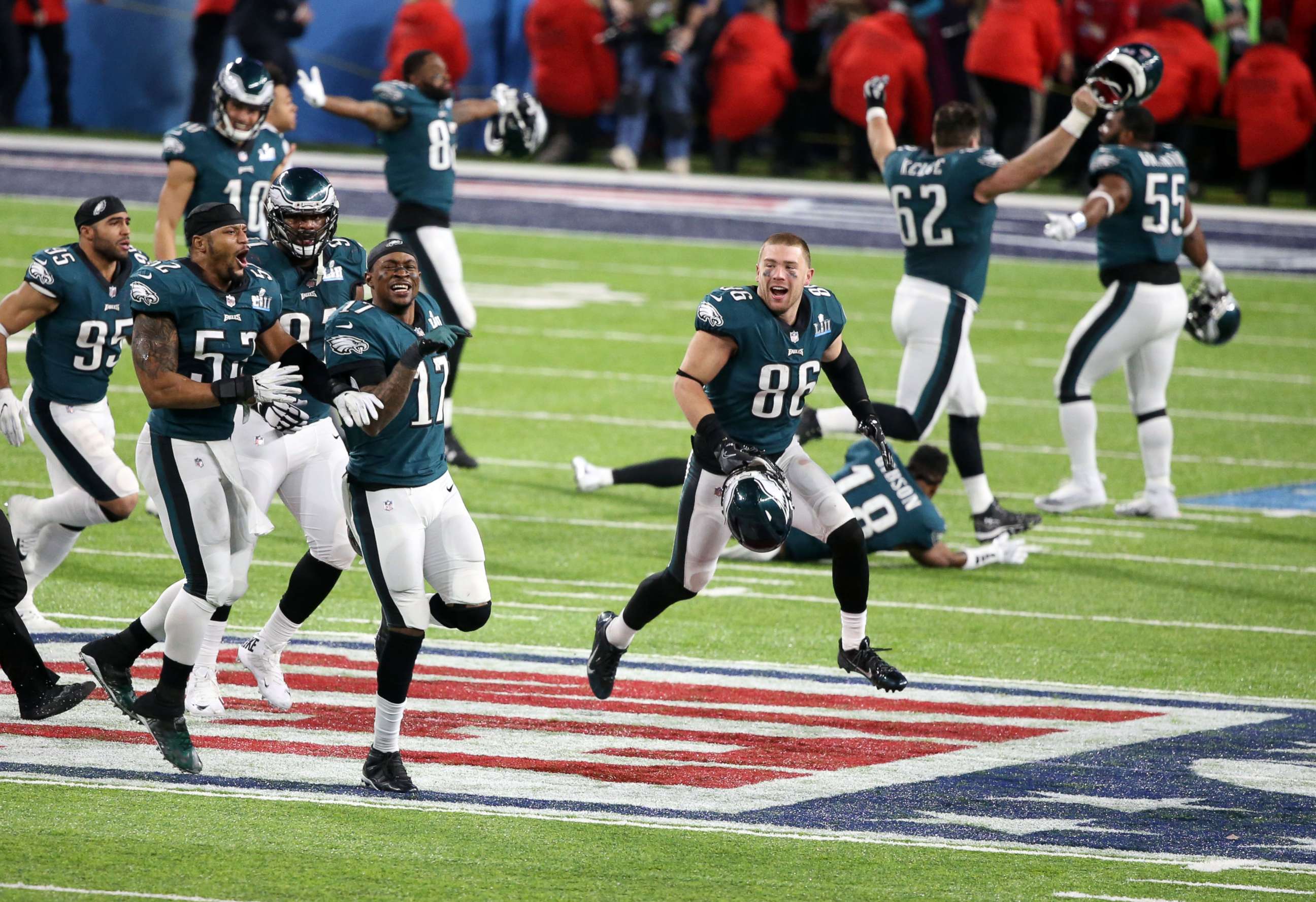 PHOTO: The Philadelphia Eagles celebrate after defeating the New England Patriots in Super Bowl LII at U.S. Bank Stadium on Feb 4, 2018 in Minneapolis.