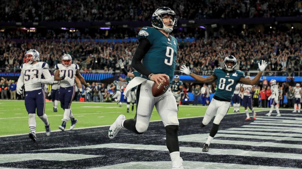 PHOTO: Nick Foles of the Philadelphia Eagles reacts after a 1-yard touchdown reception against the New England Patriots during the second quarter in Super Bowl LII at U.S. Bank Stadium on Feb. 4, 2018 in Minneapolis.
