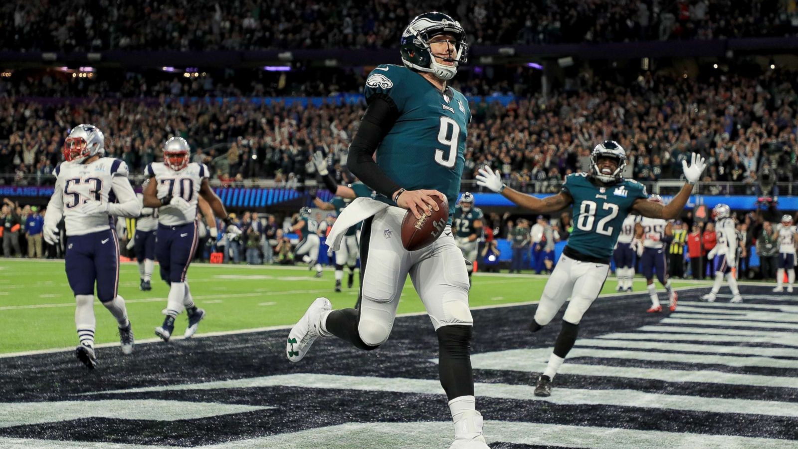 PHOTO: Nick Foles of the Philadelphia Eagles reacts after a 1-yard touchdown reception against the New England Patriots during the second quarter in Super Bowl LII at U.S. Bank Stadium on Feb. 4, 2018 in Minneapolis.