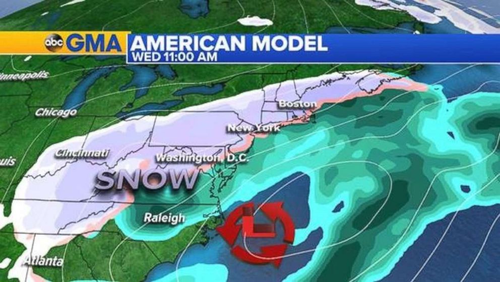 The American model from Friday, shown here, shown a direct hit for the Northeast, but the forecast shifted on Saturday.