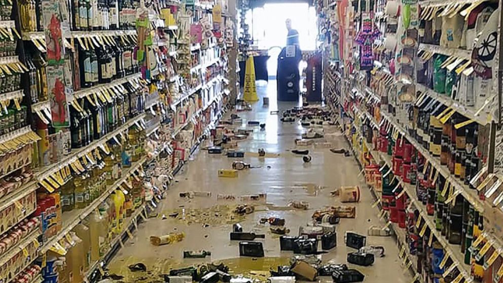 PHOTO: This handout picture obtained courtesy of Rex Emerson taken on July 4, 2019 shows broken bottles and other goods in a store in Lake Isabella, Calif., after a 6.4 magnitude quake hit Southern California.