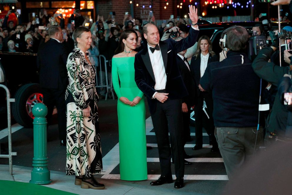 PHOTO: Britain's Prince William and Kate, Princess of Wales are greeted by Hannah Jones, CEO of the Earthshot Prize, as they arrive for the the second annual Earthshot Prize Awards Ceremony at the MGM Music Hall at Fenway Park, Dec. 2, 2022, in Boston.