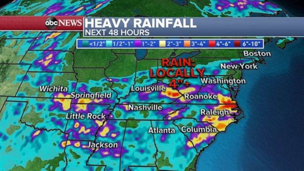 PHOTO: Heavy rain is expected across much of the Midwest and South today with inches of rainfall in some areas.