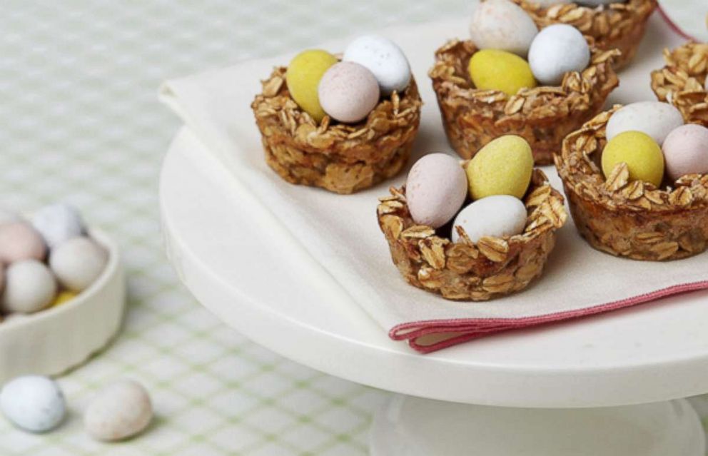 PHOTO: Banana Oatmeal Nests, a fun dessert using Cadbury Mini Eggs, is photographed here.