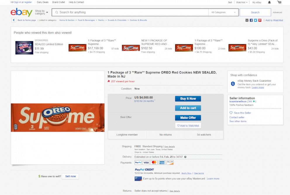PHOTO: Screen shot of eBay bid page for Supreme Oreos.