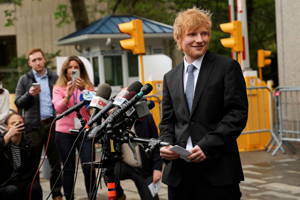 PHOTO: Ed Sheeran speaks to the media, after his copyright trial at Manhattan federal court, in New York City, May 4, 2023.