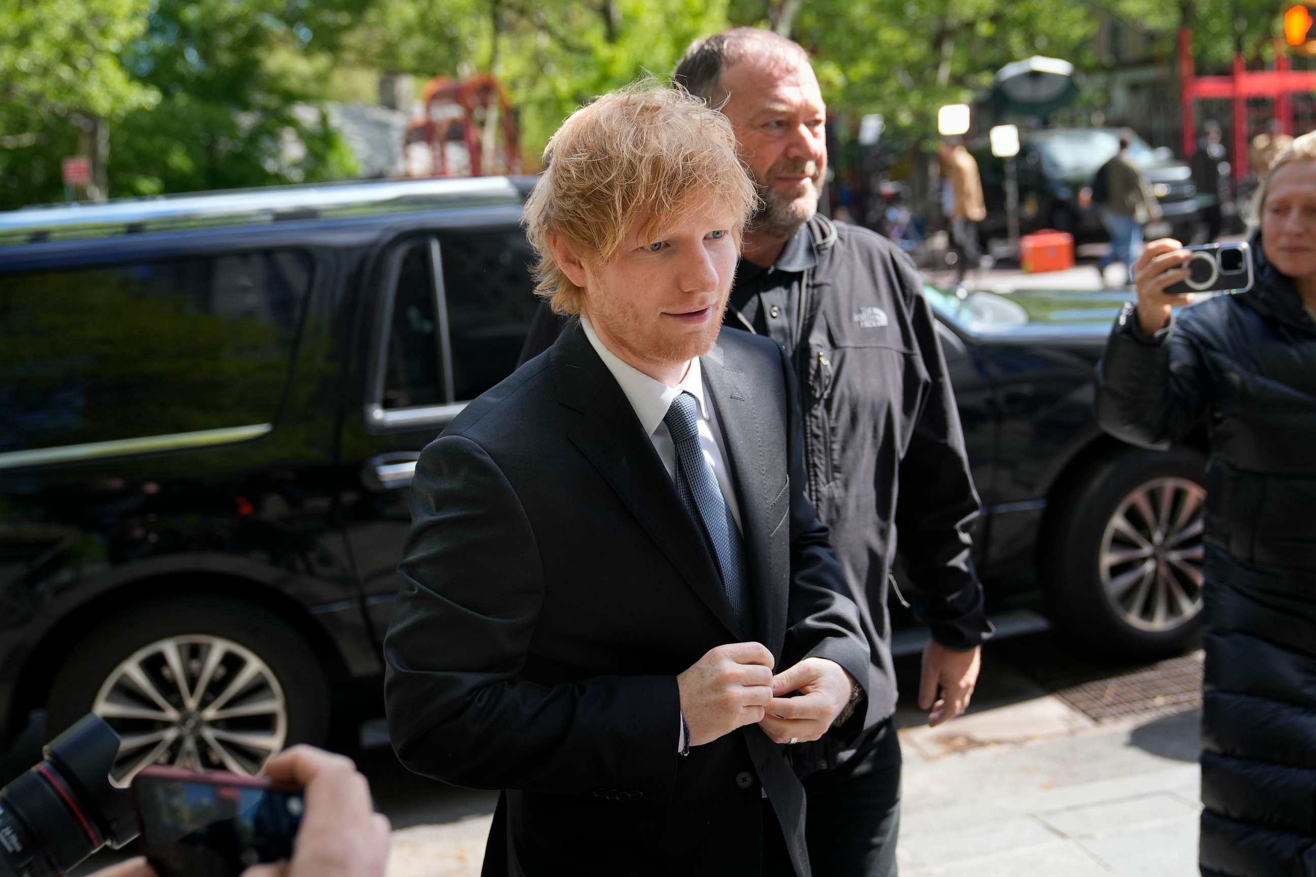 PHOTO: Recording artist Ed Sheeran arrives to New York Federal Court as proceedings continue in his copyright infringement trial, Monday, May 1, 2023, in New York.