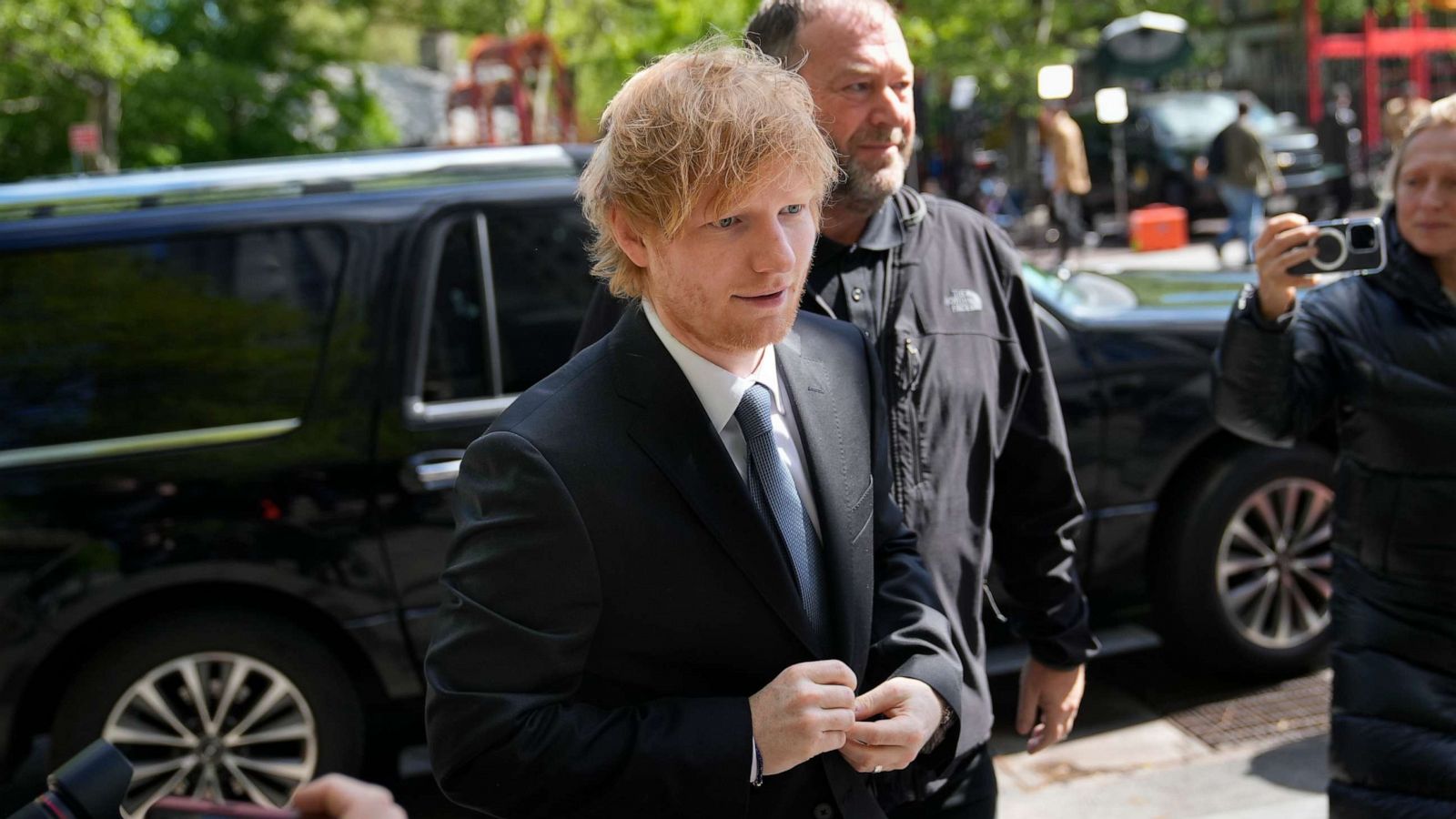 PHOTO: Recording artist Ed Sheeran arrives to New York Federal Court as proceedings continue in his copyright infringement trial, Monday, May 1, 2023, in New York.