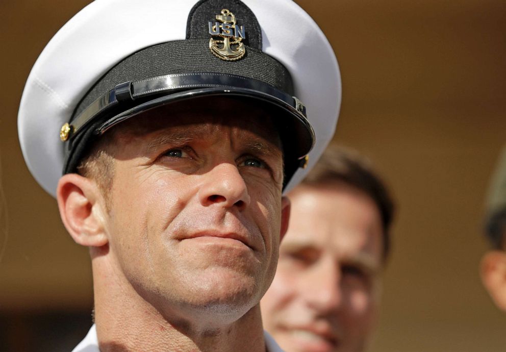 PHOTO: In this July 2, 2019, file photo, Navy Special Operations Chief Edward Gallagher leaves a military court on Naval Base San Diego. 