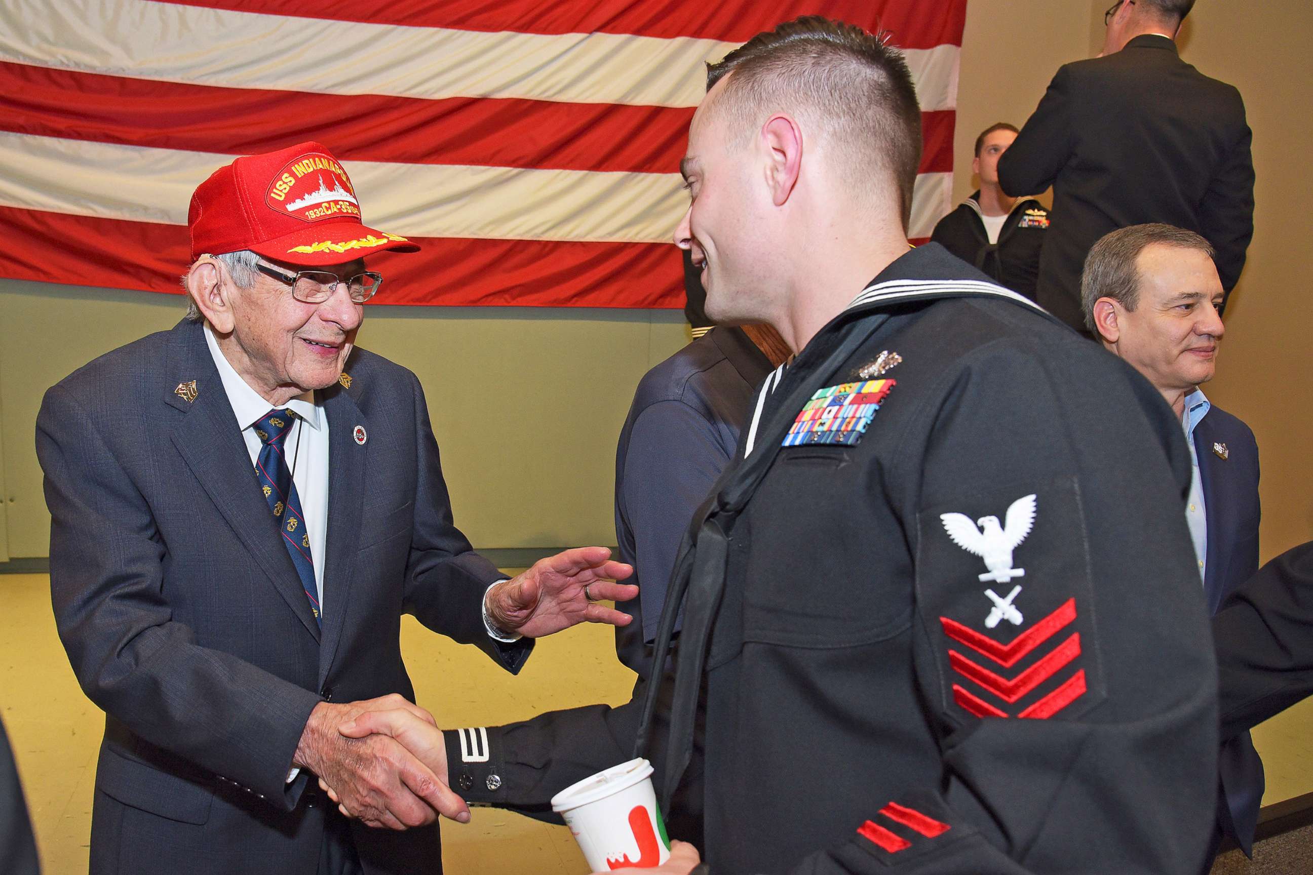 PHOTO: World War II veteran and survivor of the USS Indianapolis, Edgar Harrell greets crew members of the future USS Indianapolis on Jan. 7, 2019 at Mayport Naval Station in Jacksonville, Fla. 