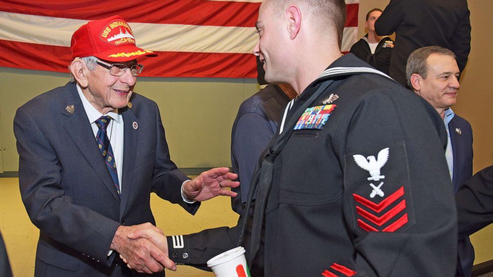 PHOTO: World War II veteran and survivor of the USS Indianapolis, Edgar Harrell greets crew members of the future USS Indianapolis on Jan. 7, 2019 at Mayport Naval Station in Jacksonville, Fla. 