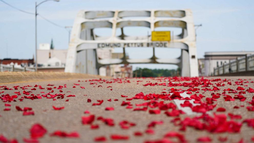 PHOTO: Rose petals representing the blood spilled on Bloody Sunday are seen on the Edmund Pettus Bridge in Selma, Alabama, July 26, 2020.