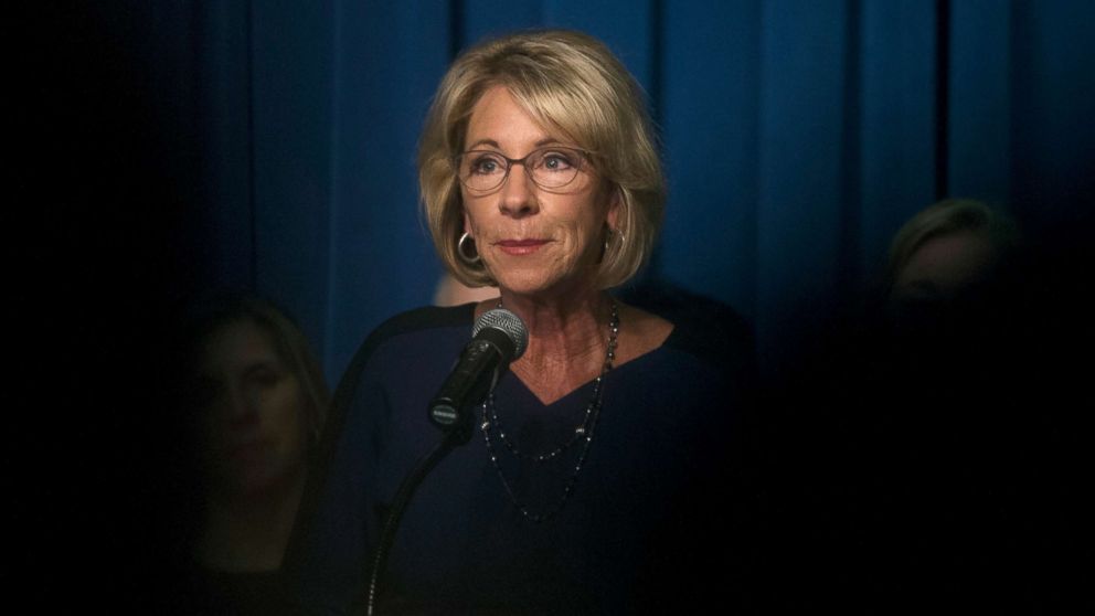 Education Secretary Betsy DeVos addresses staff at the Department of Education, Feb. 8, 2017, in Washington.
