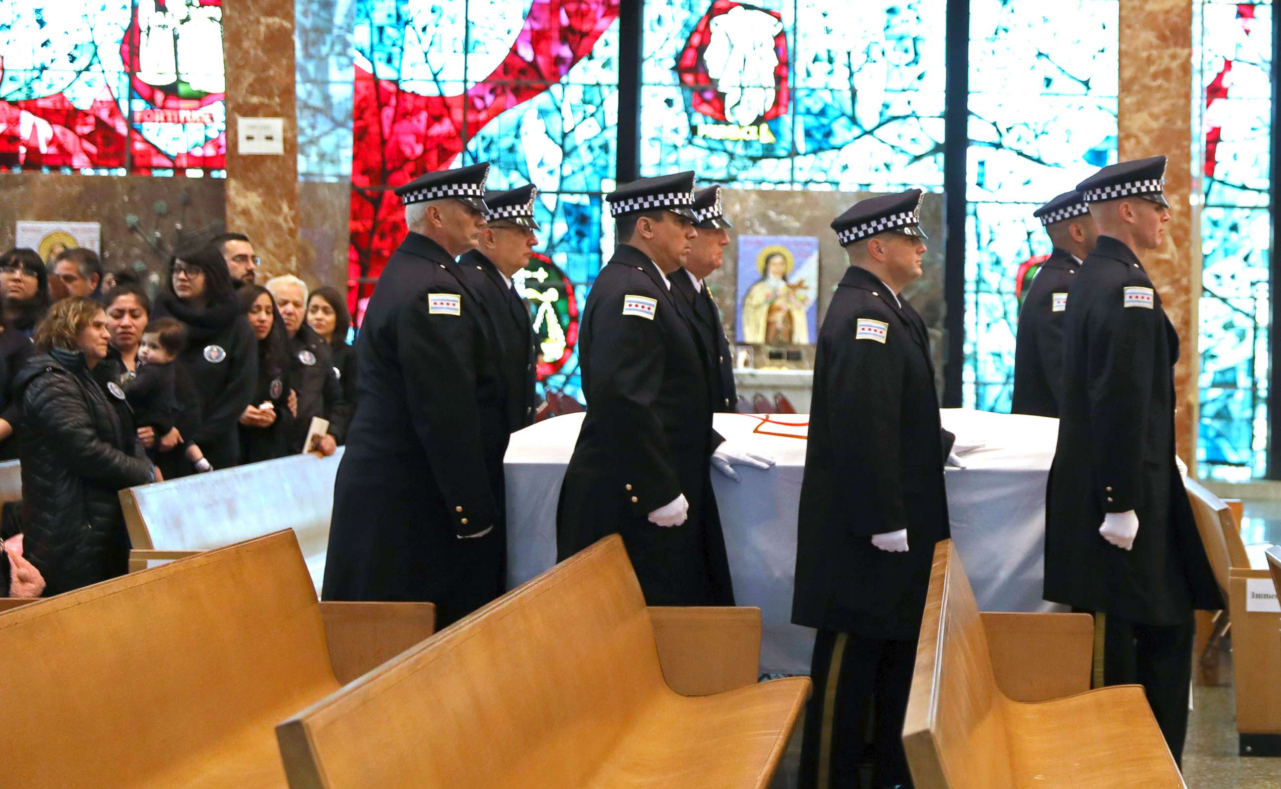 PHOTO: The casket for fallen Chicago police Officer Eduardo Marmolejo arrives at St. Rita of Cascia Shrine Chapel in Chicago, Dec. 22, 2018.