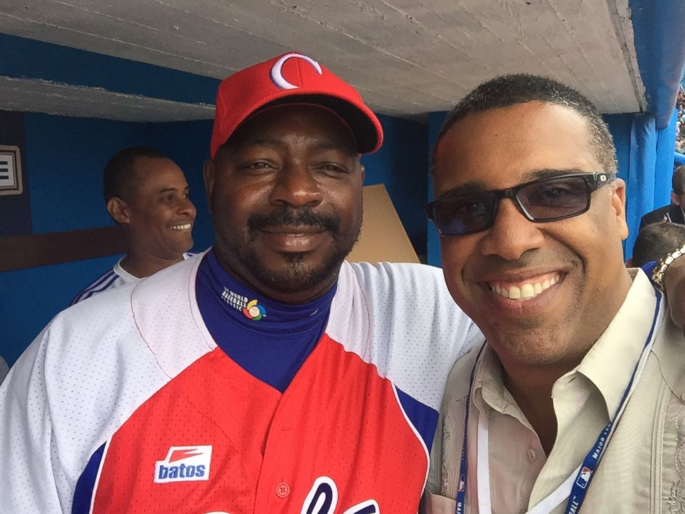 PHOTO: ESPN analyst and former major league baseball player Eduardo Perez (right) is seen here with Pedro Luis Lazo.