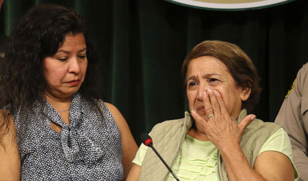 PHOTO: Edward Berber's sister Alejandra Johnson and mother Rosa Berber take questions after investigators released a sketch of a man of interest in Berber's unsolved killing that occurred in 2005, during a news conference in Los Angeles, July 17, 2018.