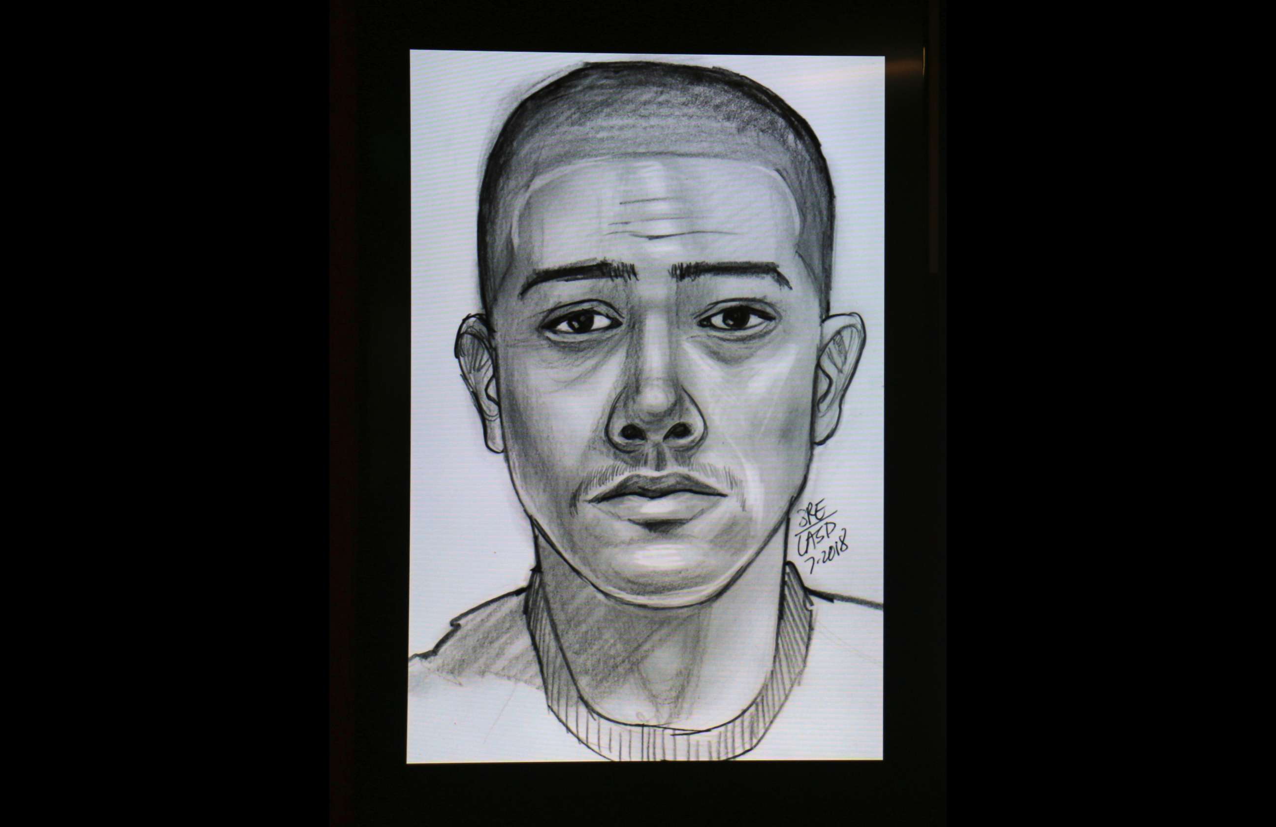 PHOTO: A composite image released Tuesday, July 17, 2018, by the Los Angeles County Sheriff's Department includes a sketch of a man of interest in the unsolved killing of Edward Berber that occurred in 2005.
