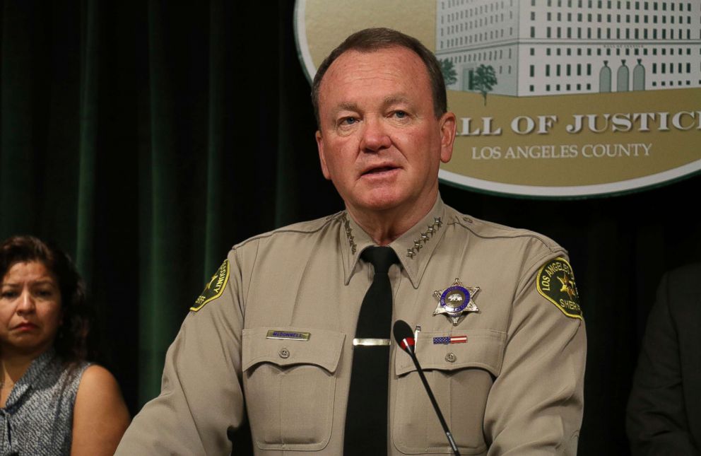 PHOTO: Los Angeles County Sheriff Jim McDonnell comments on the release of a sketch of a man of interest in the unsolved killing of Edward Berber that occurred in 2005, during a news conference in Los Angeles, July 17, 2018.