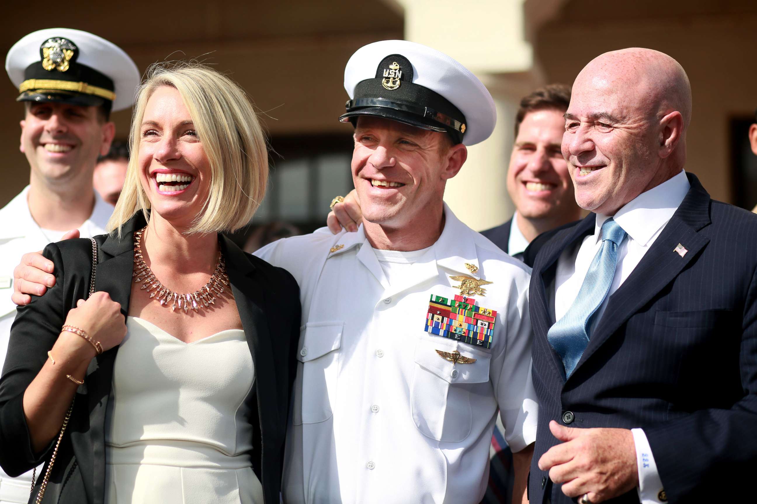PHOTO: Navy Special Operations Chief Edward Gallagher celebrates with his wife Andrea after being acquitted of premeditated murder at Naval Base San Diego, July 2, 2019.