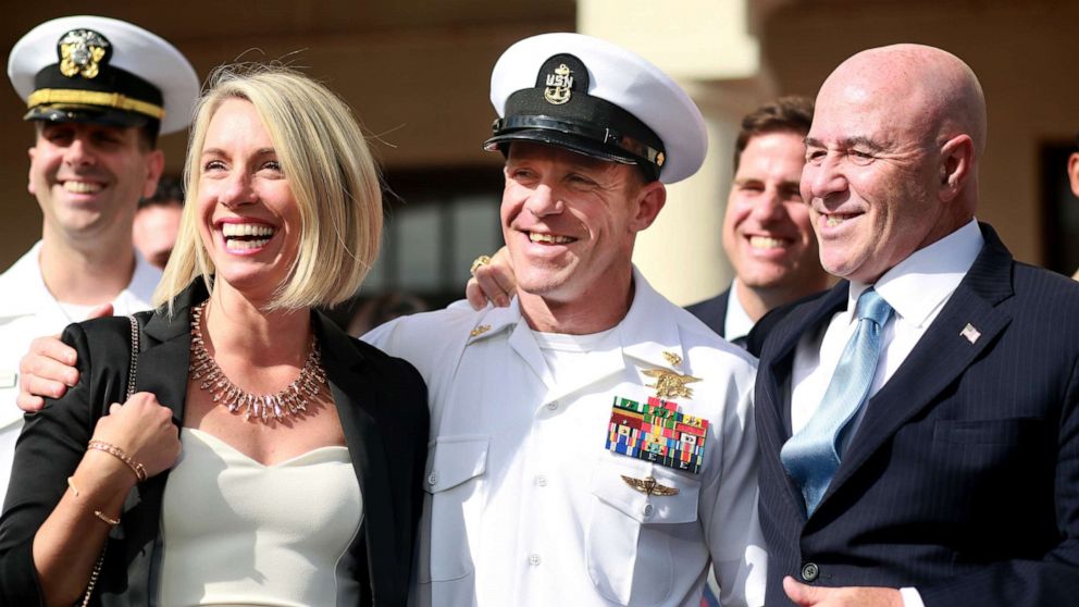 PHOTO:Navy Special Operations Chief Edward Gallagher celebrates with his wife Andrea after being acquitted of premeditated murder at Naval Base San Diego.