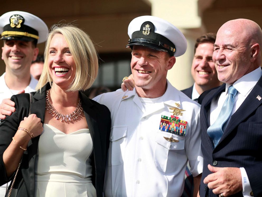 PHOTO: Navy Special Operations Chief Edward Gallagher celebrates with his wife Andrea after being acquitted of premeditated murder at Naval Base San Diego, July 2, 2019.