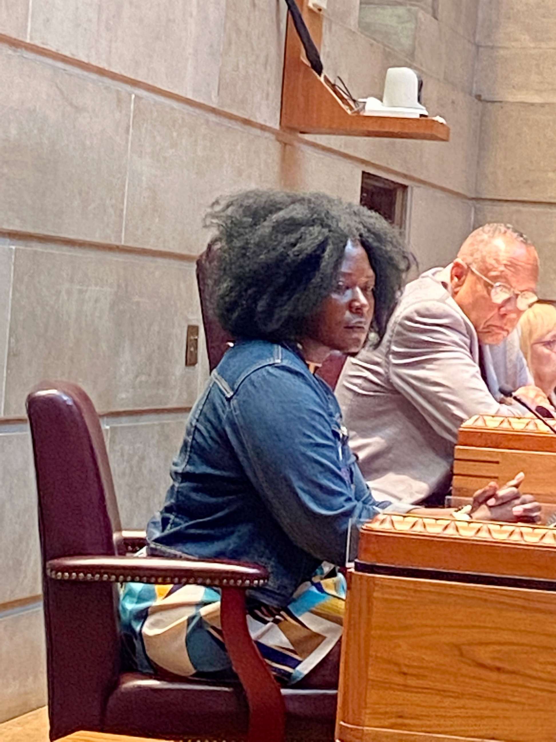 PHOTO:  Zaneta Everhart, whose 20-year-old son, Zaire Goodman, was wounded in the attack, addresses the U.S. Equal Employment Opportunity Commission in Buffalo on Aug. 22, 2022. 