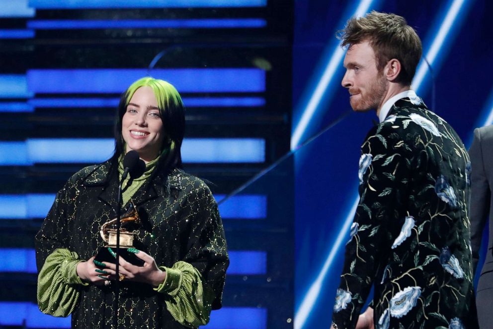 PHOTO: Billie Eilish and Finneas O'Connell accept the award for Song Of The Year for "Bad Guy" at the 62nd Grammy Awards in Los Angeles, Jan. 26, 2020.