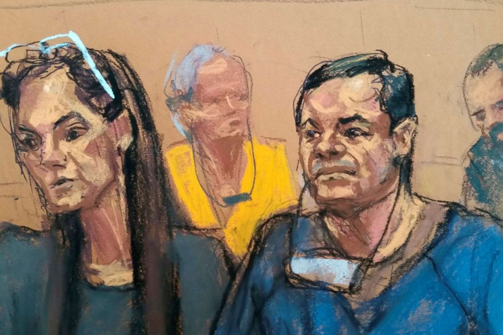 PHOTO: Joaquin "El Chapo" Guzman, left, sits with his attorney, Michelle Gelernt, in a sketch of a court appearance at the Brooklyn Federal Courthouse in the Brooklyn borough of New York City, New York, May 5, 2017. 