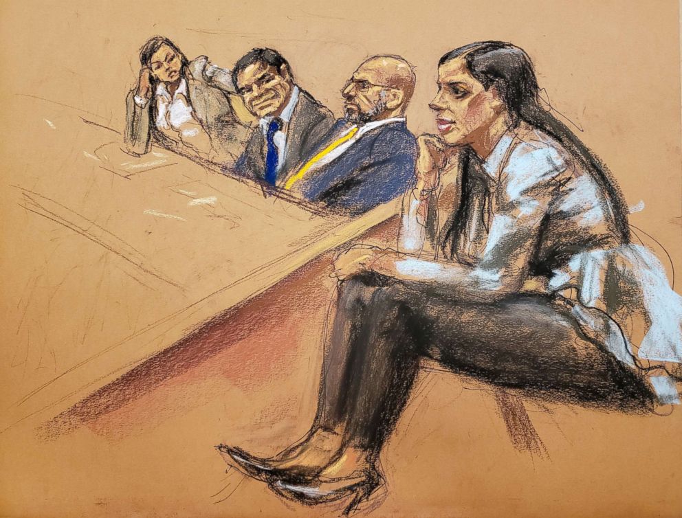 PHOTO: From left:Defense attorney Mariel Colon, accused Mexican drug lord Joaquin "El Chapo" Guzman, defense attorney A. Eduardo Balarezo and Joaquin Guzman's wife Emma Coronel Aispuro, sit in court in this courtroom sketch in New York, Jan. 30, 2019.