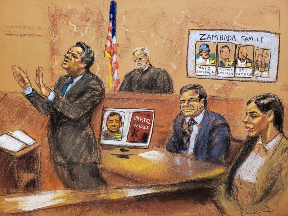 PHOTO: Defense attorney Jeffrey Lichtman (L) gives closing arguments during the trial of accused Mexican drug lord Joaquin "El Chapo" Guzman (R), as Guzman's wife Emma Coronel Aispuro looks on, in this courtroom sketch in New York City, Jan. 31, 2019.