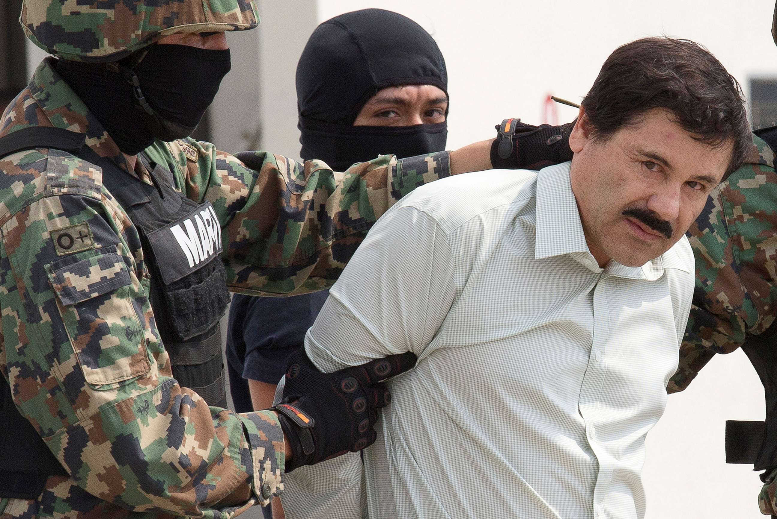 PHOTO: Joaquin "El Chapo" Guzman is escorted to a helicopter by Mexican security forces at Mexico's International Airport in Mexico city, Feb. 22, 2014.