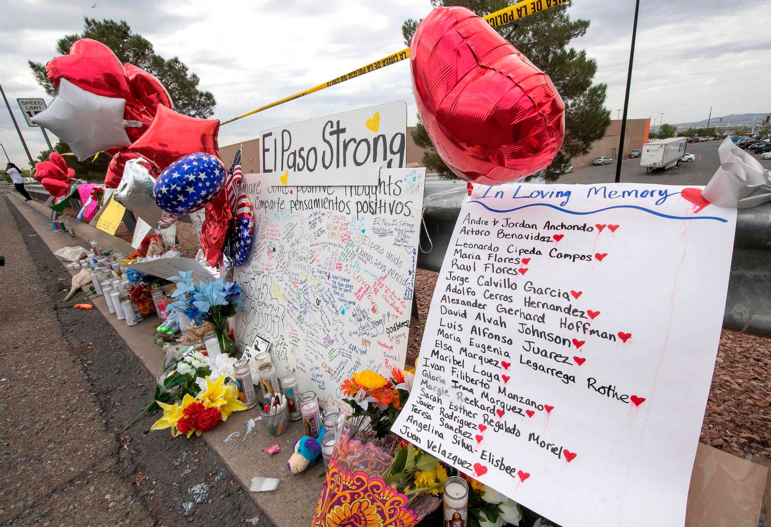 PHOTO: The names of the shooting victims adorn a makeshift memorial at the Cielo Vista Mall Walmart in El Paso, Texas, Aug. 6, 2019.