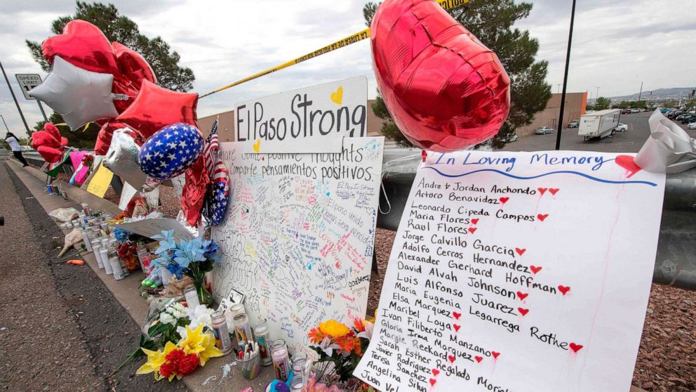 PHOTO: The names of the shooting victims adorn a makeshift memorial at the Cielo Vista Mall Walmart in El Paso, Texas, Aug. 6, 2019.