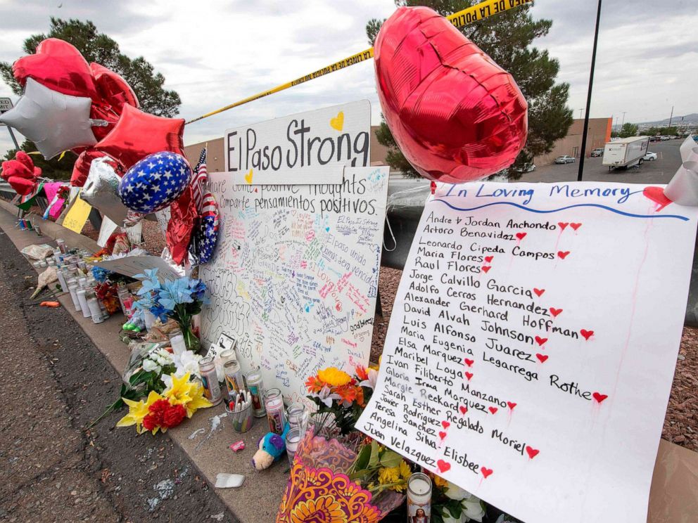 PHOTO: The names of the shooting victims adorn a makeshift memorial at the Cielo Vista Mall Walmart in El Paso, Texas, Aug. 6, 2019.