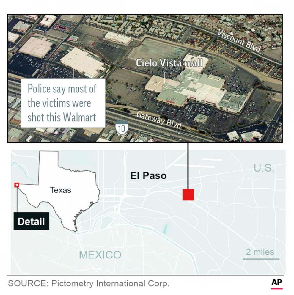 PHOTO: A graphic released by the Associated Press shows the location of a mall shooting in El Paso, Texas, Aug. 3, 2019.