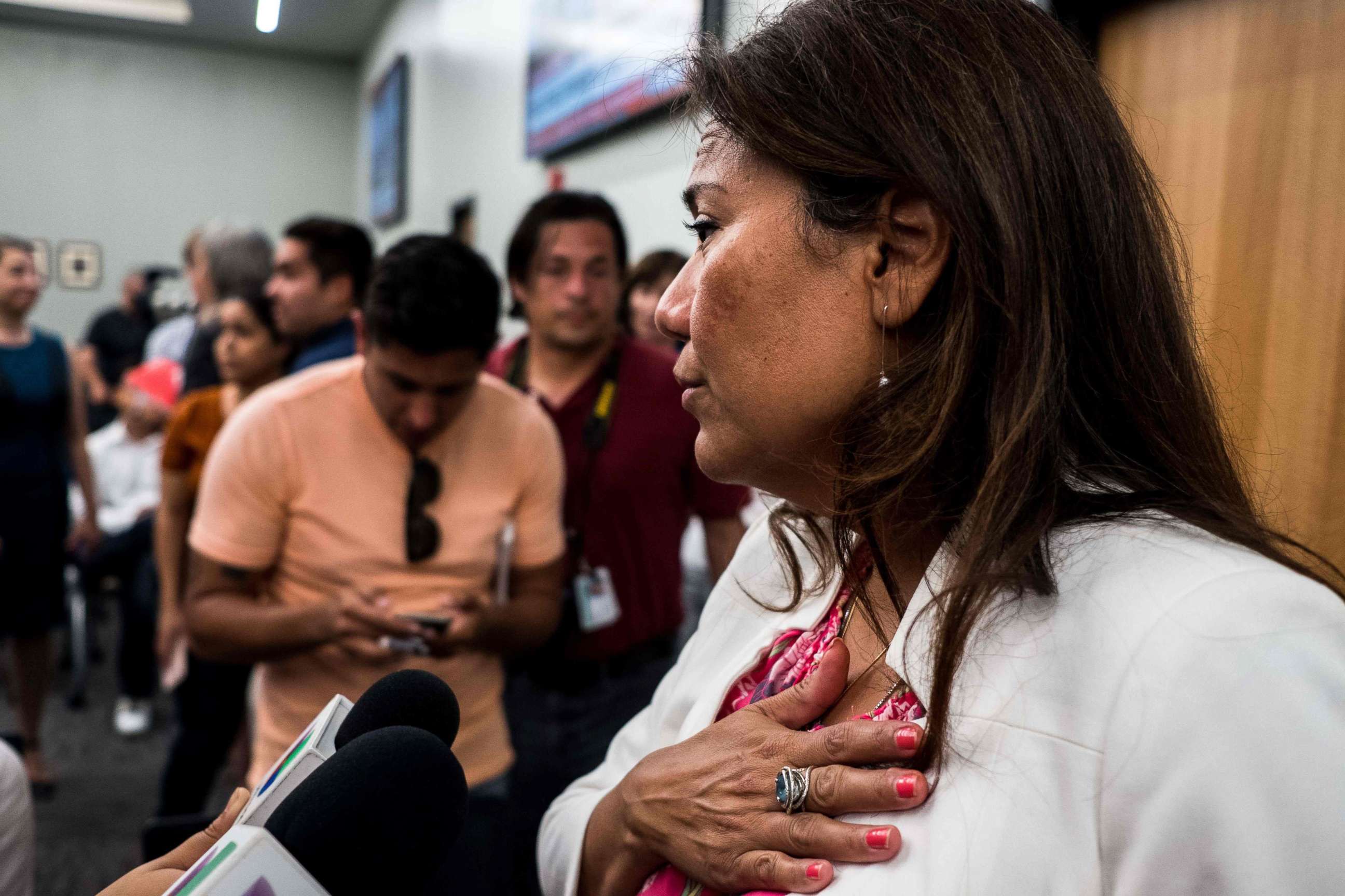 PHOTO: Rep. Veronica Escobar answers questions after a press briefing, following a mass fatal shooting, at the El Paso Regional Communications Center in El Paso, Texas, Aug. 3, 2019.