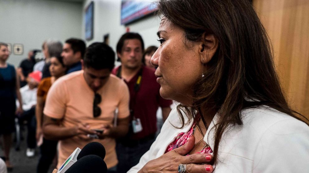 PHOTO: Rep. Veronica Escobar answers questions after a press briefing, following a mass fatal shooting, at the El Paso Regional Communications Center in El Paso, Texas, Aug. 3, 2019.