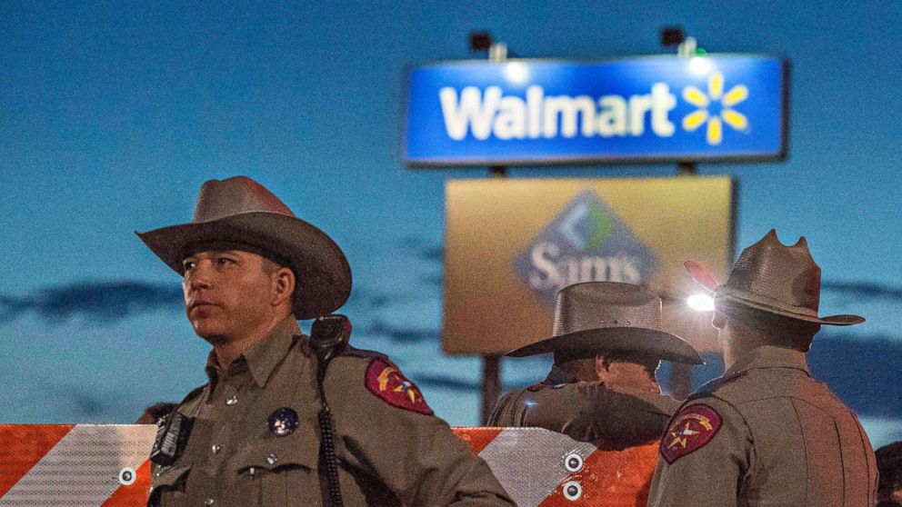PHOTO: File photo: Texas State Troopers keep watch on Aug. 6, 2019, at the makeshift memorial for victims of the shooting that left a total of 22 people dead on Aug. 3 at the Cielo Vista Mall WalMart in El Paso, Texas.