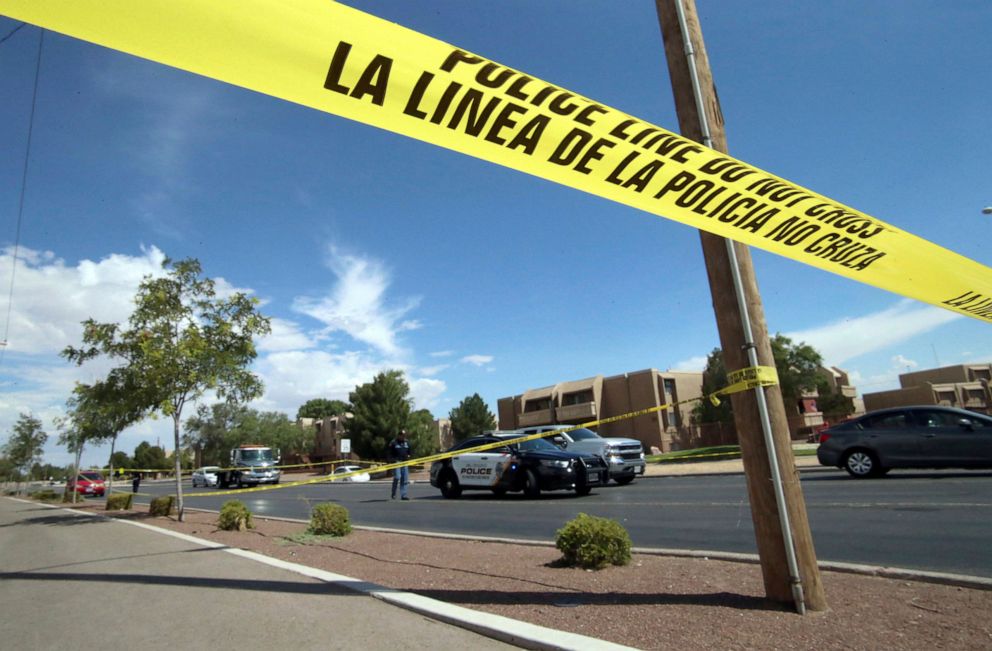 PHOTO: Police tape strung across an intersection behind the scene of a shooting at a shopping mall in El Paso, Texas, Aug. 3, 2019.