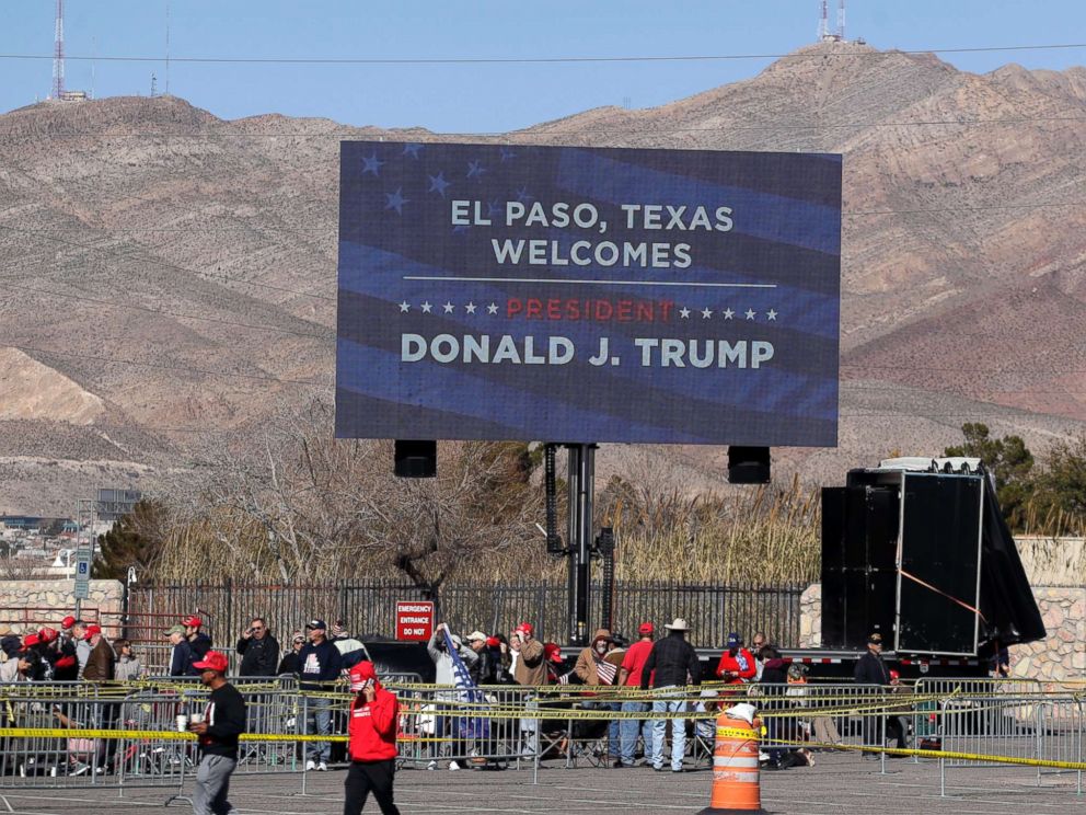 PHOTO: Ticket holders begin lining up outside the El Paso County Coliseum for a President Donald Trump campaign rally, Feb. 11, 2019, in El Paso, Texas.