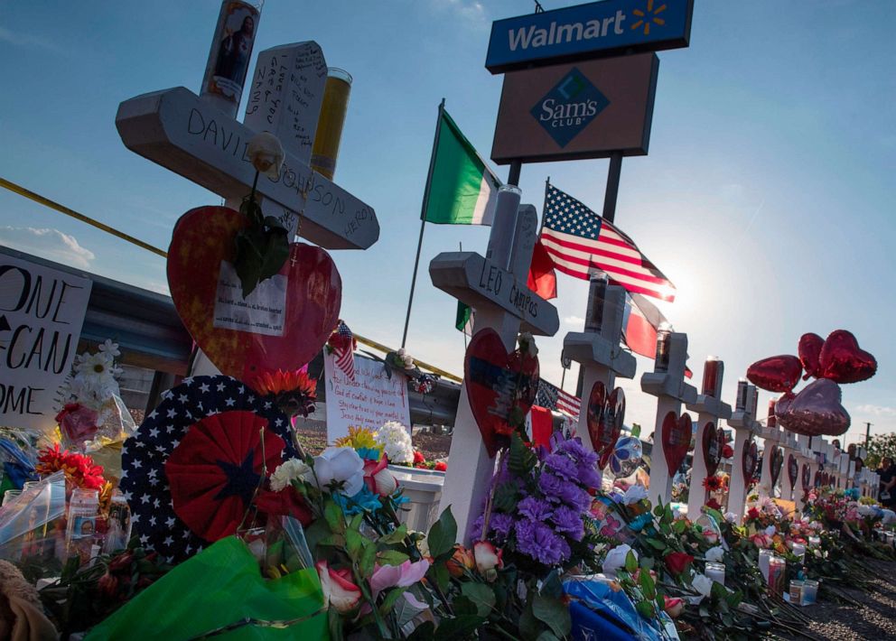 PHOTO: Crosses and flowers at a makeshift memorial for victims of Walmart shooting that left a total of 22 people dead at the Cielo Vista Mall WalMart in El Paso, Texas, on August 5, 2019.