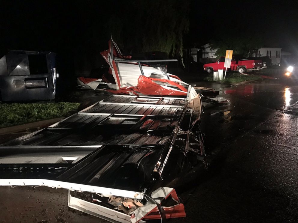 PHOTO: Serious damage was reported in El Reno, Okla., After a tornado hit a hotel and a mobile home park on Saturday, May 25, 2019.