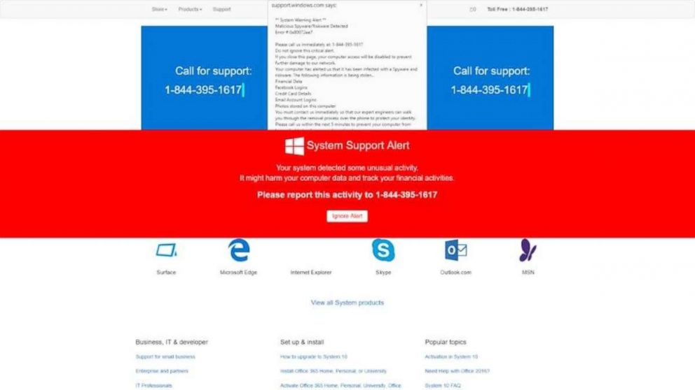 PHOTO: Screenshots of tech support schemes released by the Department of Justice.