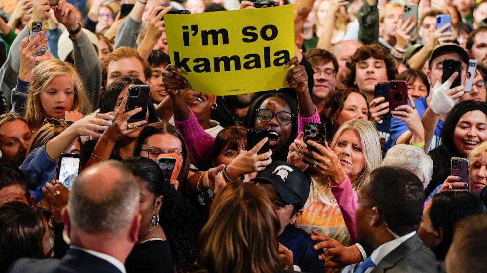 PHOTO: Supporters gather around Democratic presidential nominee U.S. Vice President Kamala Harris during her rally at Michigan State University in East Lansing, Michigan, Nov. 3, 2024.
