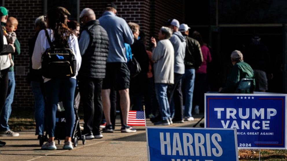 PHOTO: Voters line up to cast their ballots at a voting location at the Farmersville Elementary School on Election Day in Easton, Pennsylvania, Nov. 5, 2024. 